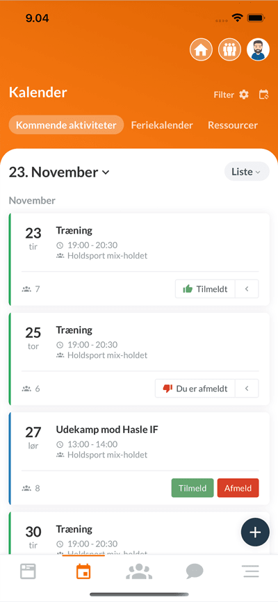 Holdsport-appen: kalender med kommende aktiviteter og tilmelding