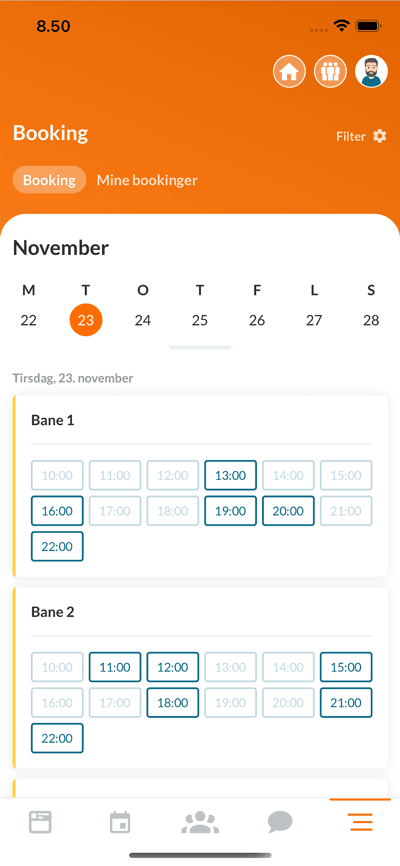 Booking af baner i Holdsport-appen – ledige tider pr. ressource