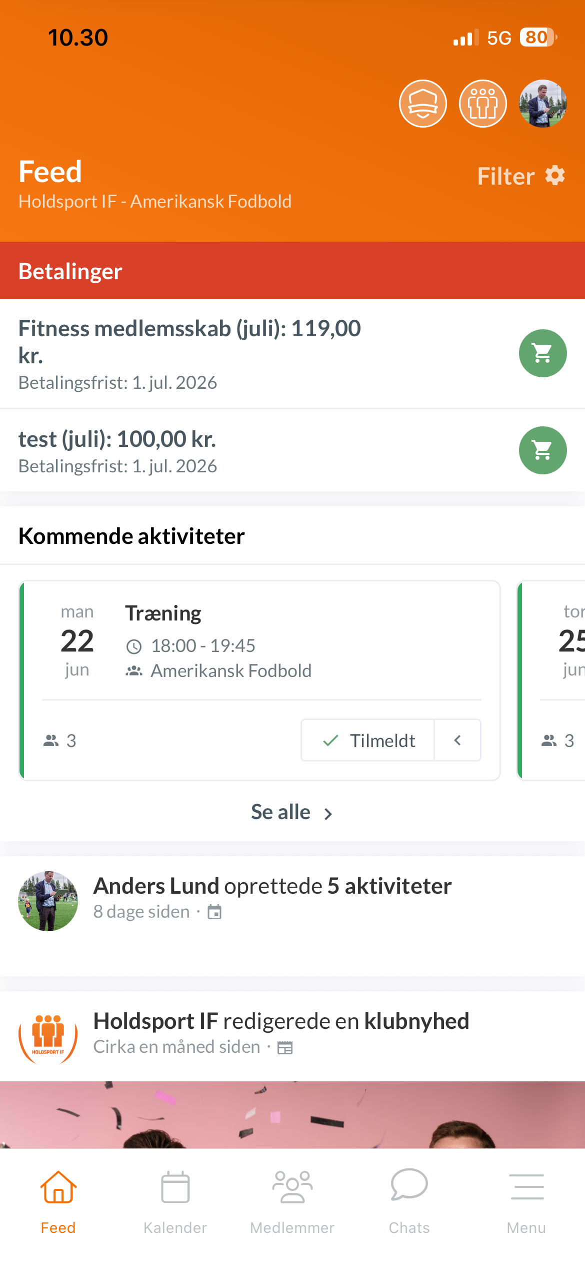 Feed i Holdsport-appen – aktiviteter, betalinger og klubnyheder