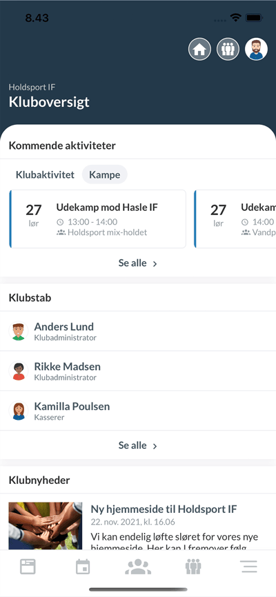 Holdsport-appen: klubbens overblik med aktiviteter, stab og nyheder